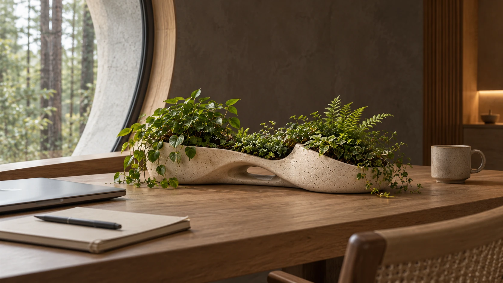 Grove Valley desktop garden beside a laptop on an oak desk