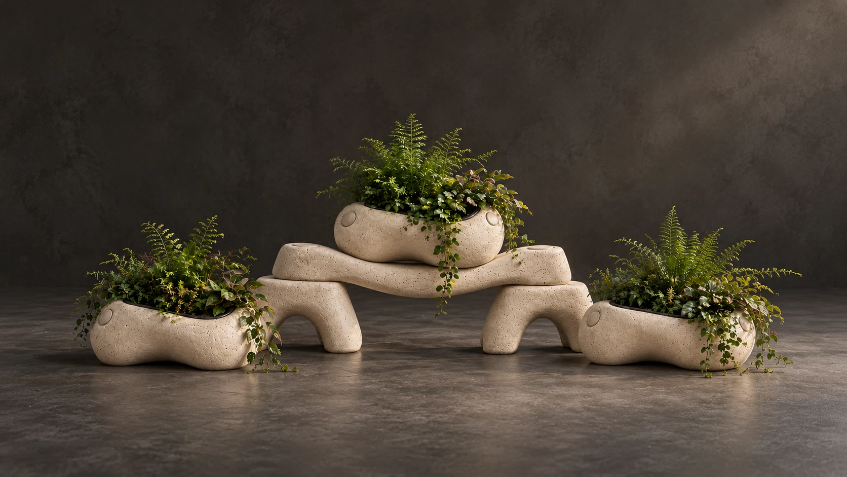 Three planting bowls, two dry risers and one bridge. Chalk Stack arrangement in the studio.